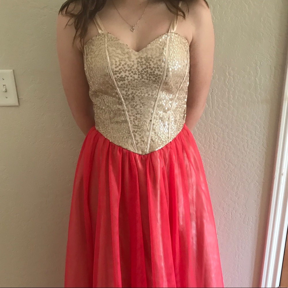 Gold Sequin and Coral prom ballgown